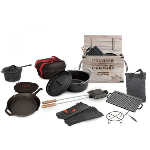 cast iron cookware set with campfire tripod set