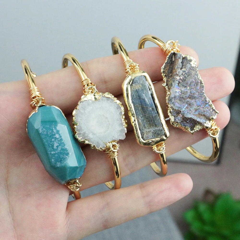 LS-D1374 Wire Wrapped Natural Solar Quartz Druzy Bangle Natural Sun Flower Bracelet Blue Kyanite Bangle
