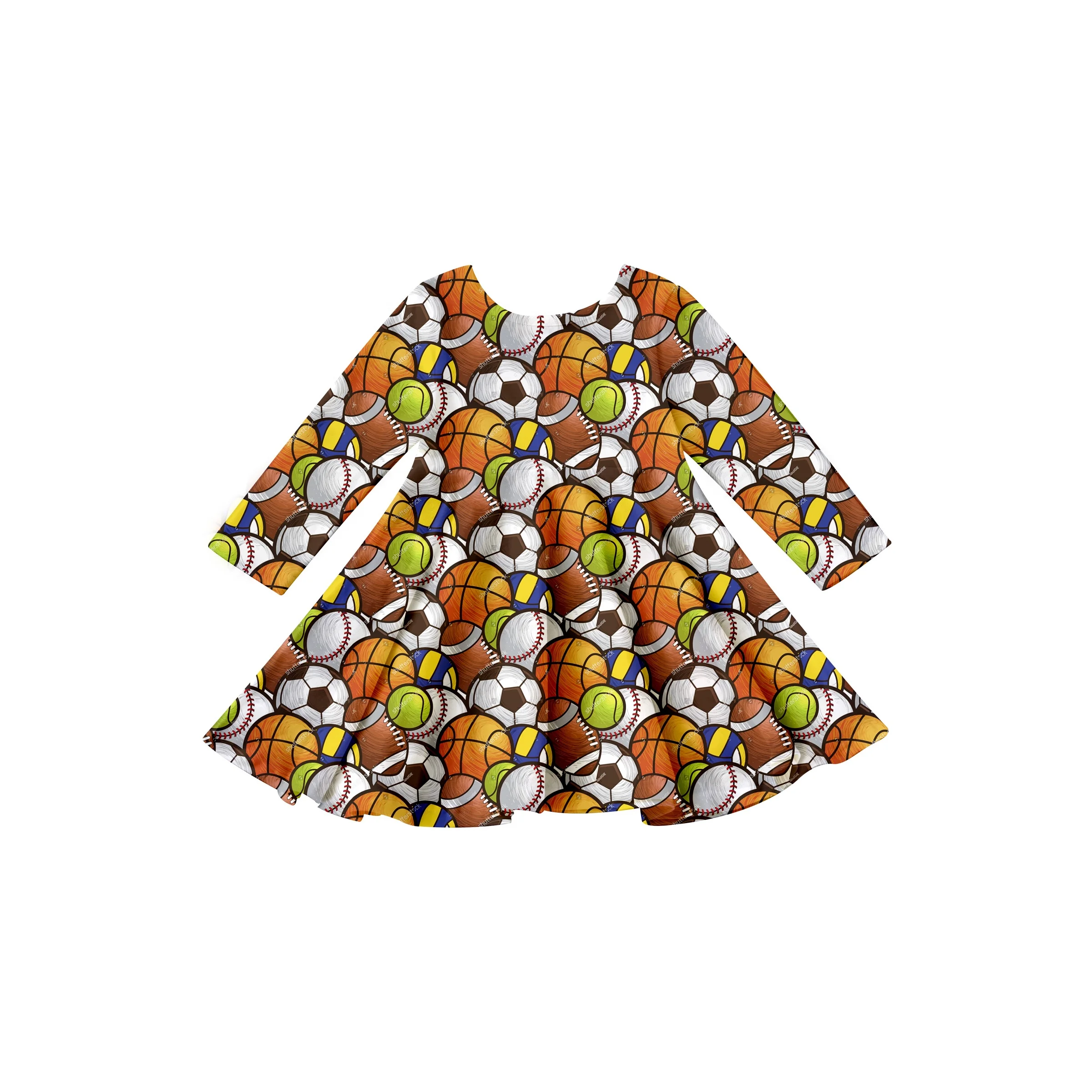 Girlymax Baseball football tennis Long Sleeve A-LIne Twirl Knee Length Baby Girls Dresses Kids Clothing