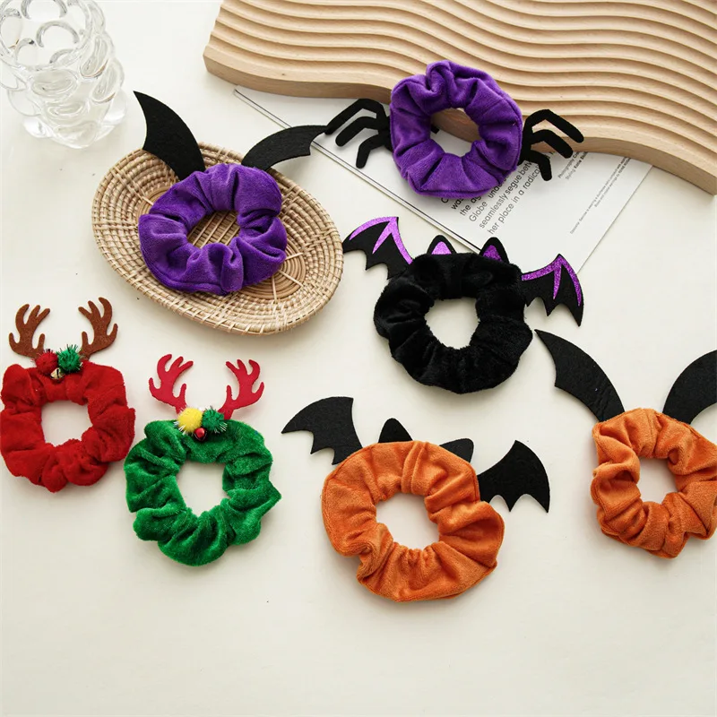 Halloween Scrunchies Orange Hair Bands  Hair Accessories Pumpkin Scrunchies Bat Demon Spider Web Hair Ties for Women