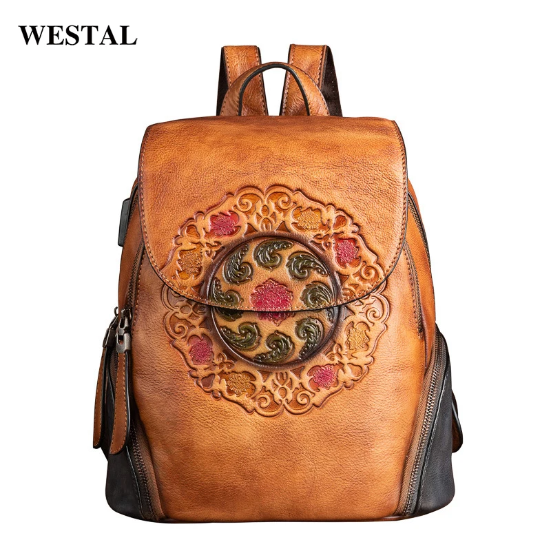 Amazon Hot Sales Vintage Leather Backpack Bag Ladies Hand Made Embodssed  Bags Women High Quality