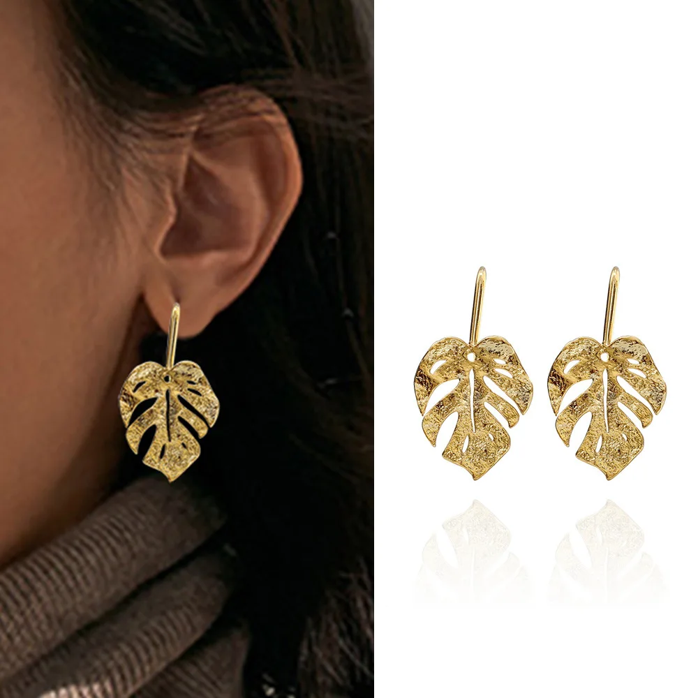 Fashion simple ins style hip hop leaf earrings 14k gold-plated metal jewelry for women