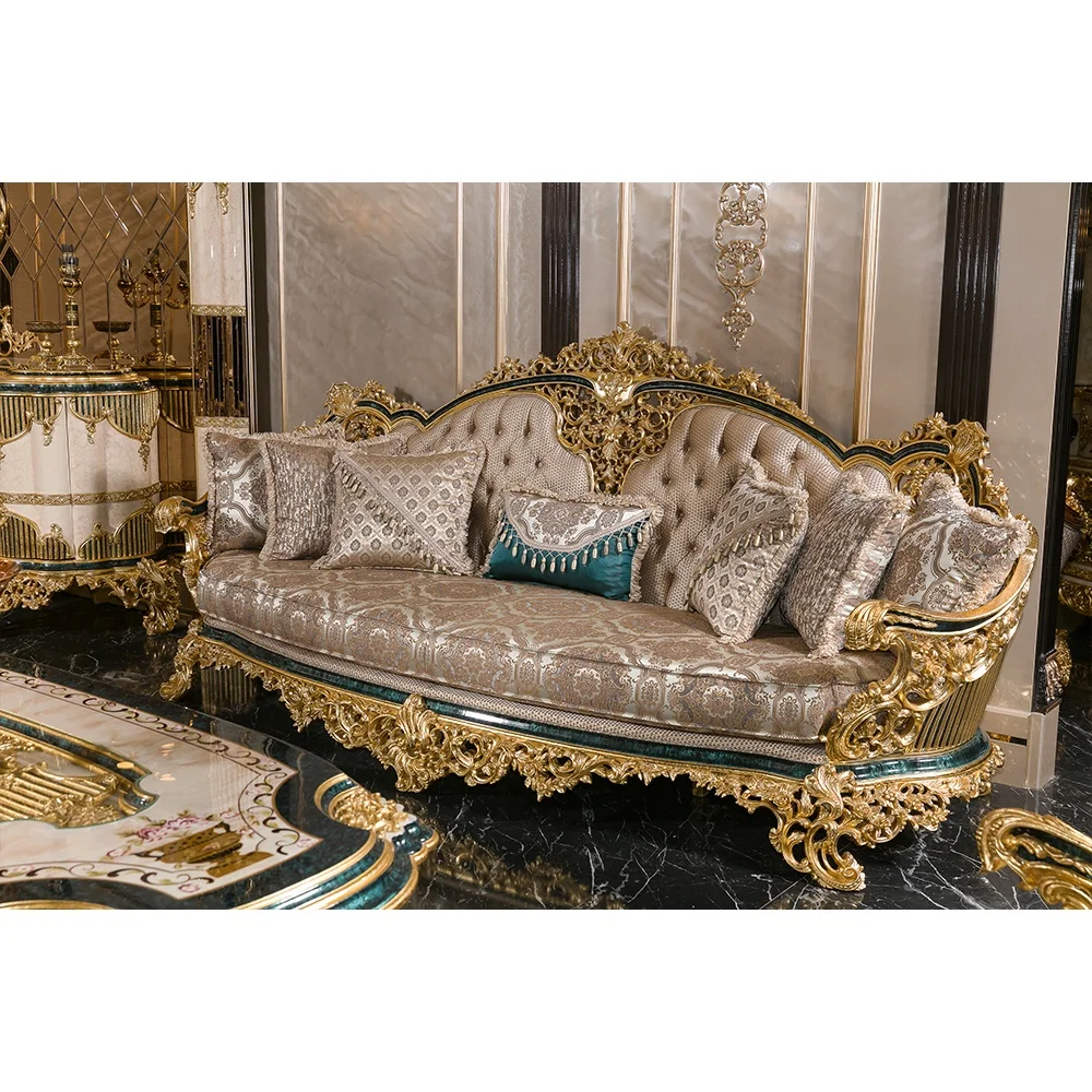 Turkish Luxury Antique Traditional Black Gold African Classical Baroque Royal Hand Carved Sofa Set Living Room Furniture Set