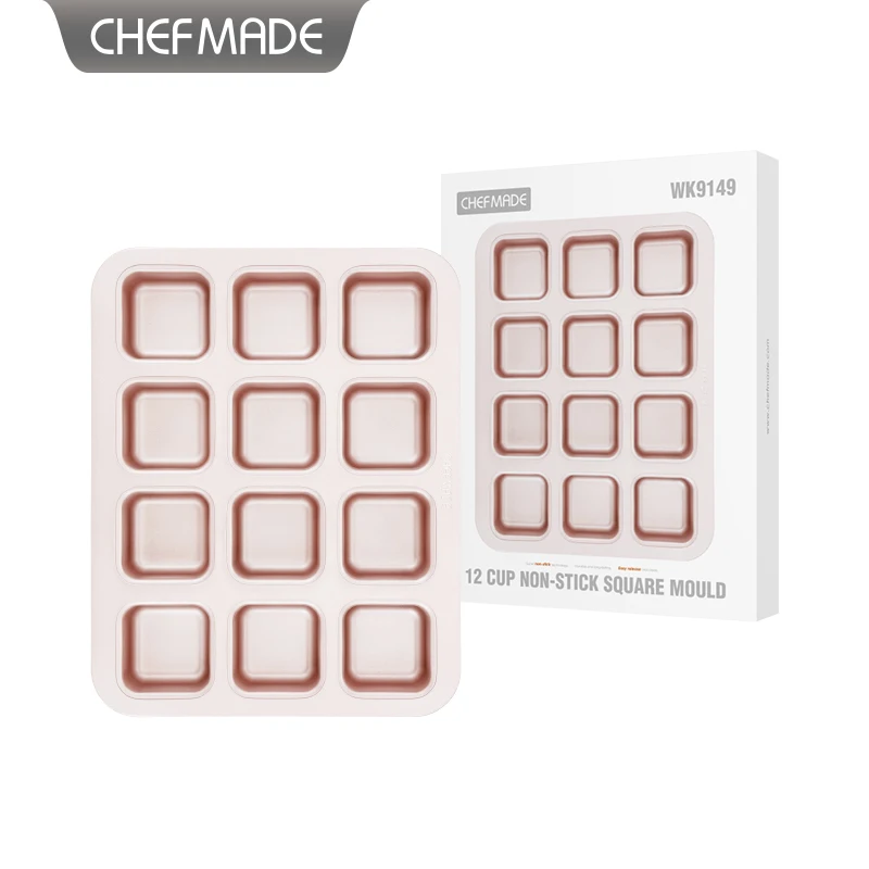 CHEFMADE WK9149 Carbon Steel Bakeware 12-Cavity Non-Stick Square Muffin Pan Blondie Brownie Cake Pan for Oven Baking