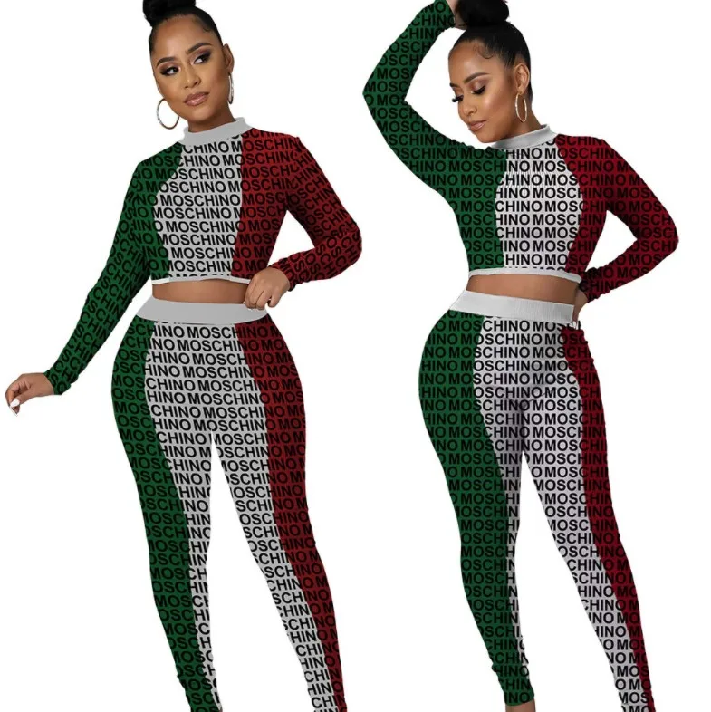 new 2022 winter fall designer famous brand letter printed bodycon 2 piece pants set for women