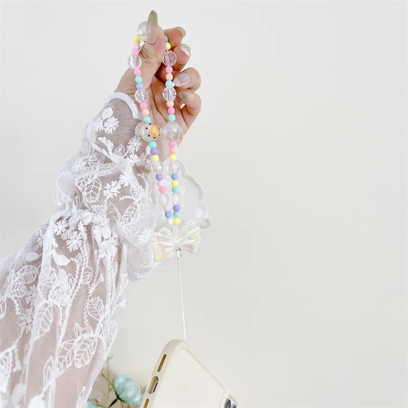 Trendy Colorful Handmade Beaded Phone Chain Love Pendant for Girls Phone Case Decoration