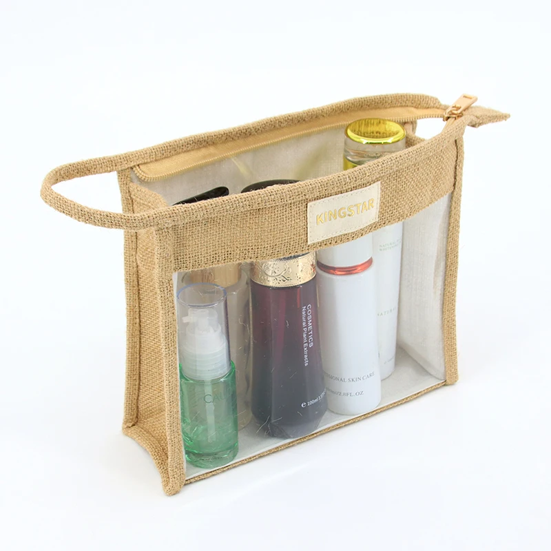 Organic jute Cotton Zipper Clear Makeup Bags with Zipper Small Toiletry Multi Purpose Travel Makeup Organizer for Women