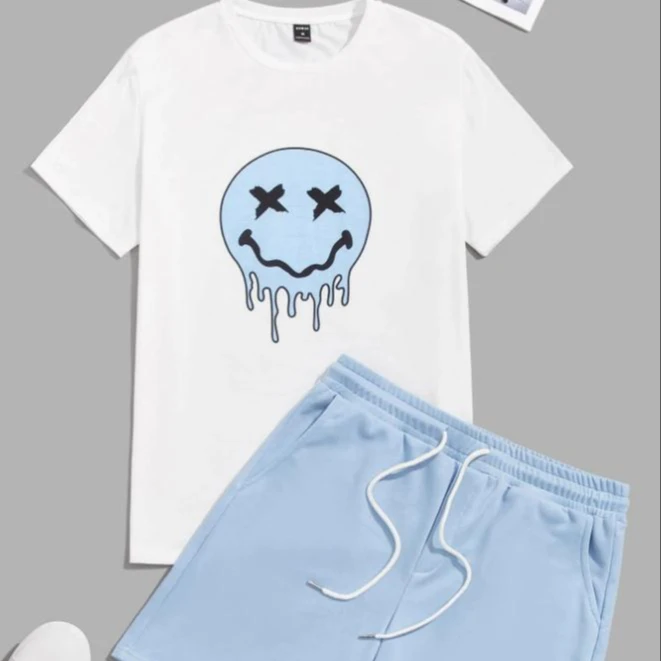 Summer high quality custom graphic logo plain t shirt drop shoulder vintage t shirt mens 2 pieces shorts set