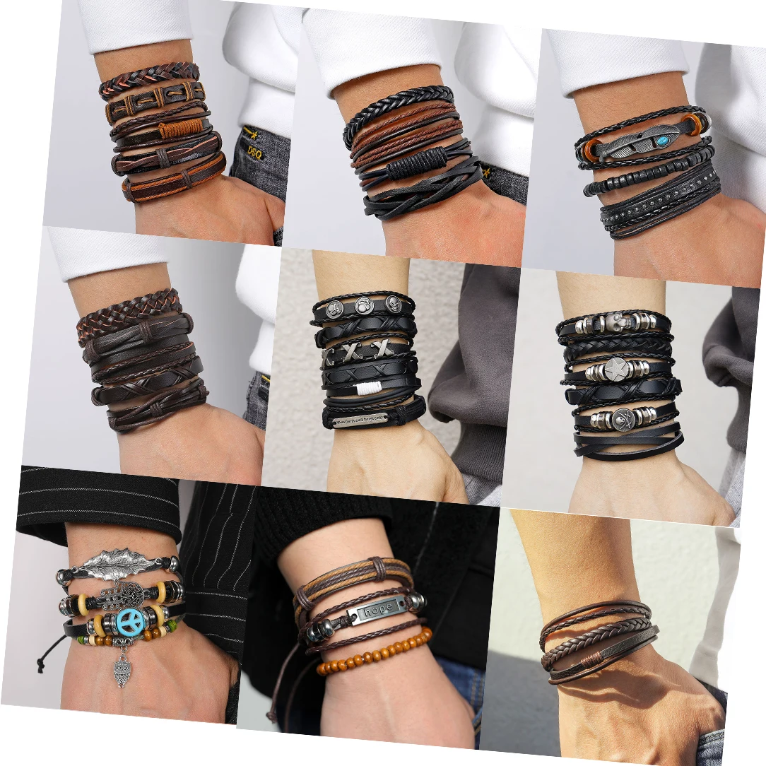 KISSWIFE Wholesale Vintage Men s Anchor Leaf Owl Multi Layer Wide Wrap Black Leather Tribal Bracelet Set For Men