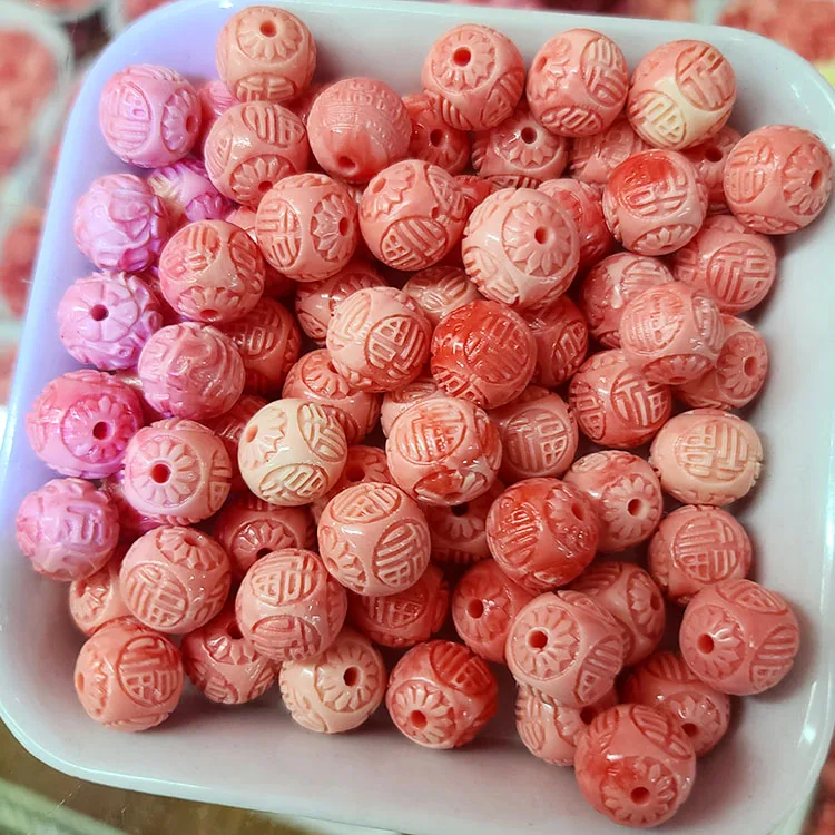 SL0775 Hot Sale Synthetic Coral Shell Powder Stone Pink Carved Chinese WORD Good Fortune Blessing Happiness Beads