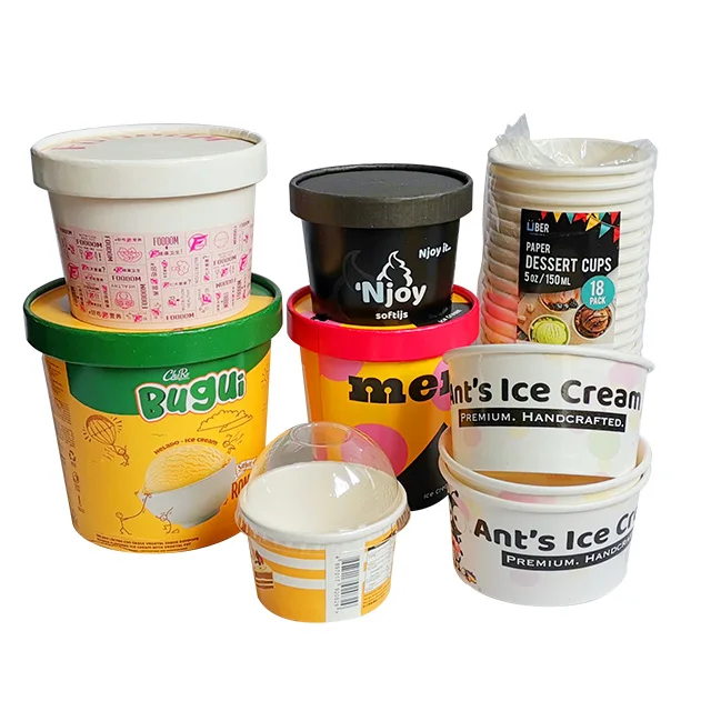 Custom print disposable paper 100ml to 1000ml roll glass cartoon design ice cream cups