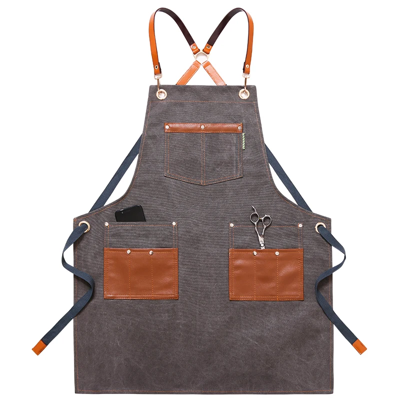 High quality customized heavy Duty 14OZ chef washed waxed cotton canvas leather bbq tool apron