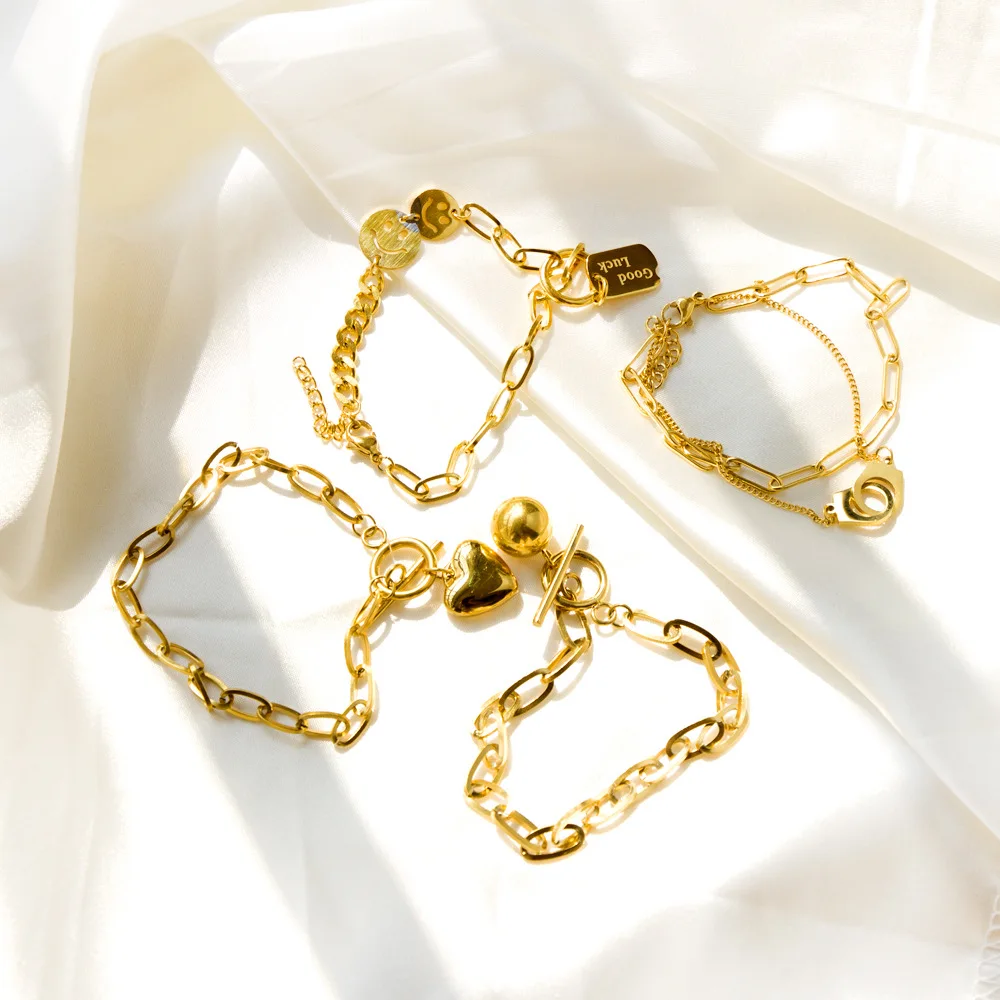 Wholesale Custom Gold Plated Stainless Steel Bracelet Thick Chain Handcuffs Stainless Steel Charm Bracelets