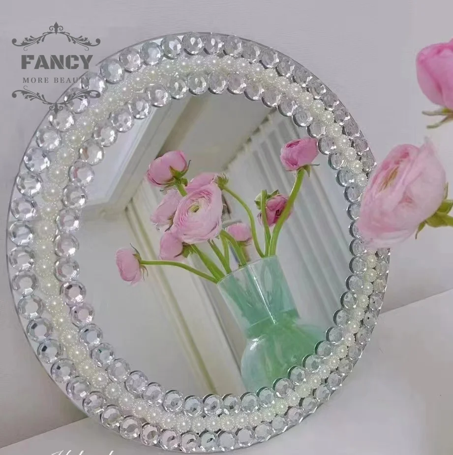 Round glass mirror plates spinning turn table tray perfume display candle holder bling sparkle charger plates