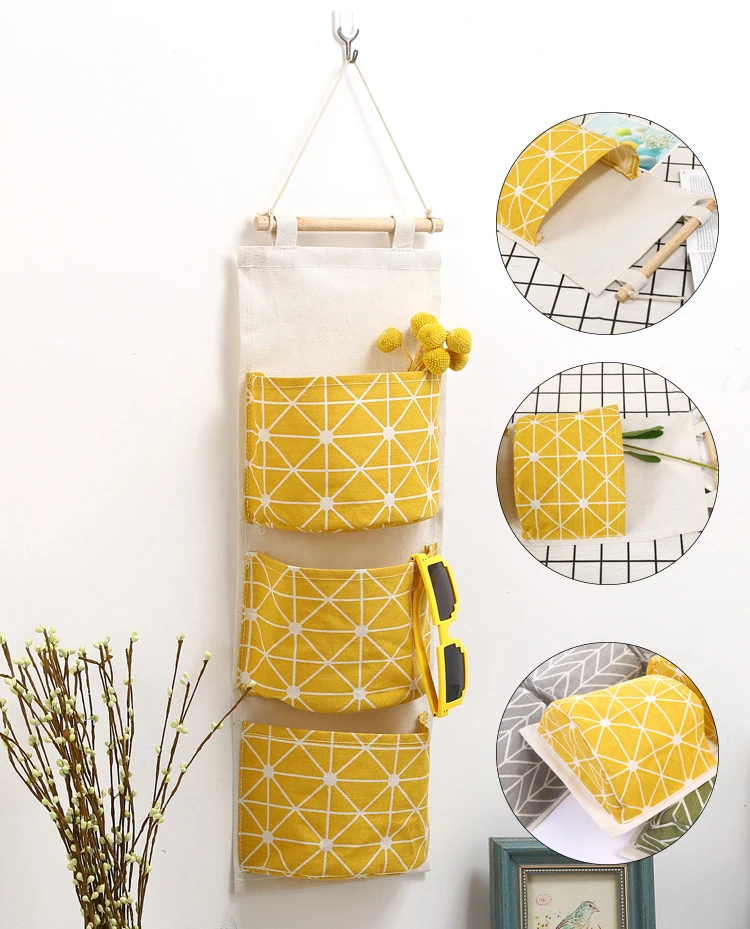 Folding 3 Pockets Hanging Storage Bag Wall Mounted Cotton Linen hanging organizer for room