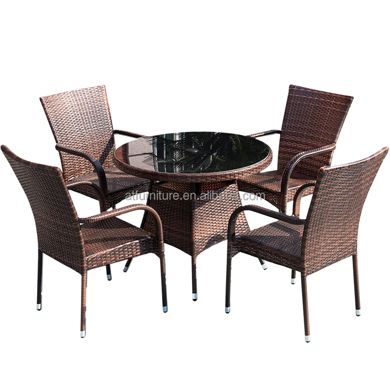 Backrest Design Rattan Table Chairs Outdoor Patio Wicker Glass Tables and Rattan Station Stacking Chairs Set