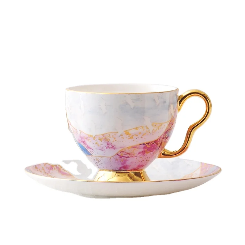 ZC Nordic gold handle ceramic coffee set and saucer table sand effect bone china coffee cup and saucer drinkware