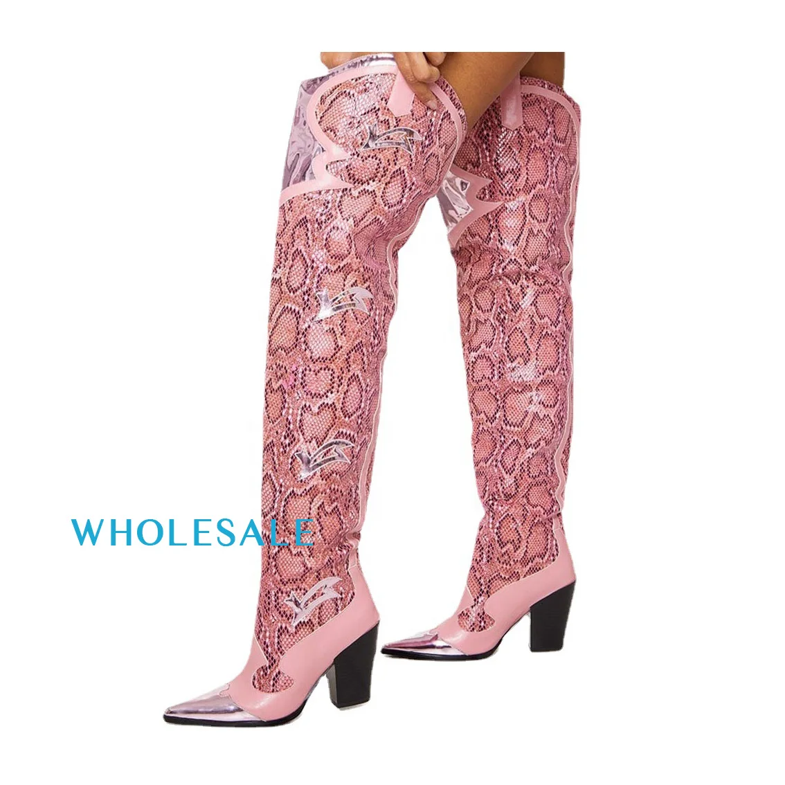 women pink cotton mesh fabric with snake print leather chunky heel thigh high boots