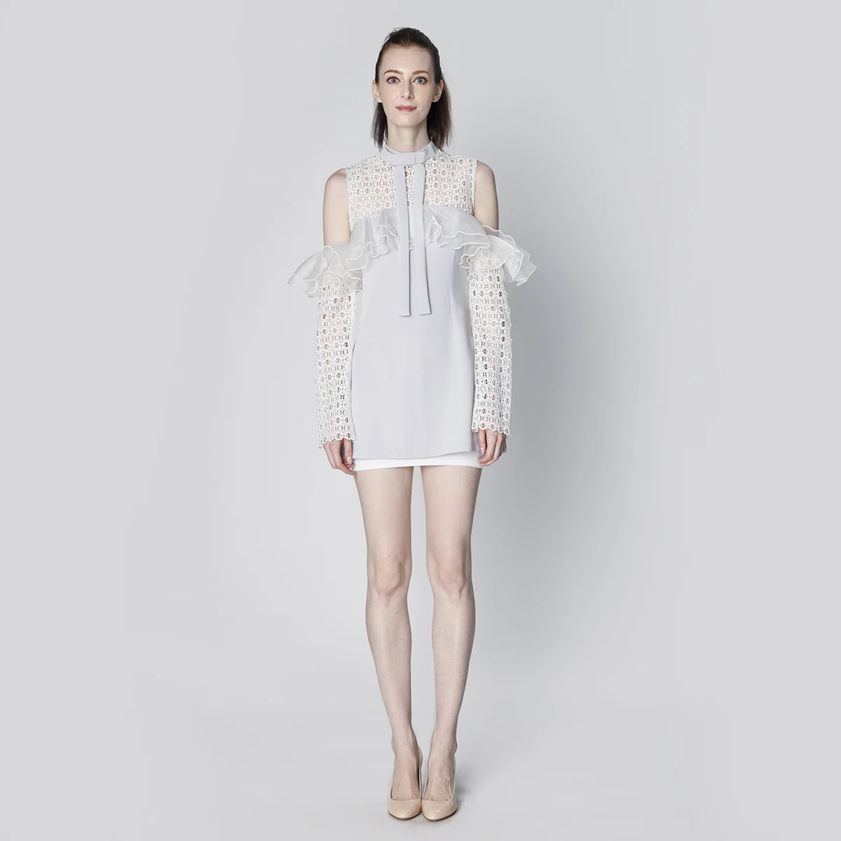 LADIES CASUAL SOLID CROCHET CHIFFON RUFFLES BOW NECK MINI DRESS (21072)