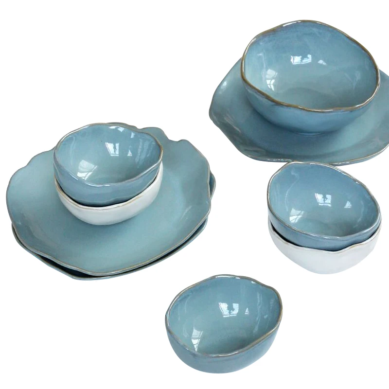 Irregular shape ceramic tableware set with elegant gloss blue reactive glaze for wholesale