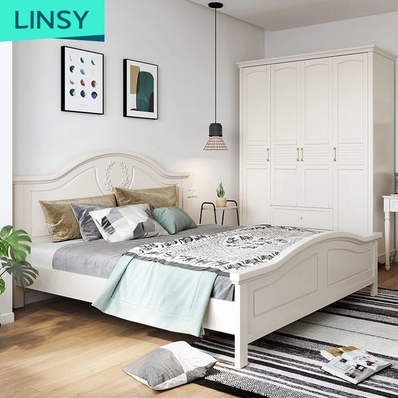 Linsy Wooden Double Bed For Bedroom Furniture Solid Wood White Queen Bed Frame With Mattress Queen Size Bed BD4A