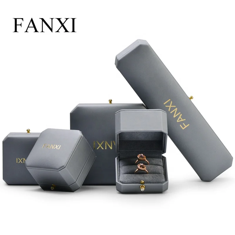 FANXI новинка оптовая продажа восьмиугольная коробка для упаковки ювелирных изделий кольцо ожерелье коробки светло-серая из искусственной кожи