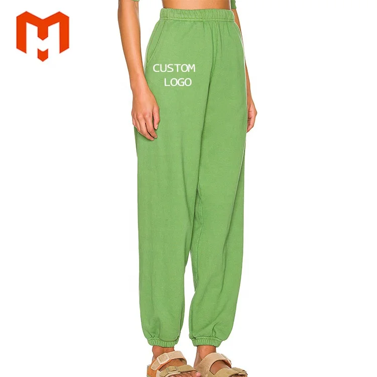 Oem Digital Printing Logo 100% Cotton French Terry Lining Side Pockets Womens Loose Fit Green Sweatpants
