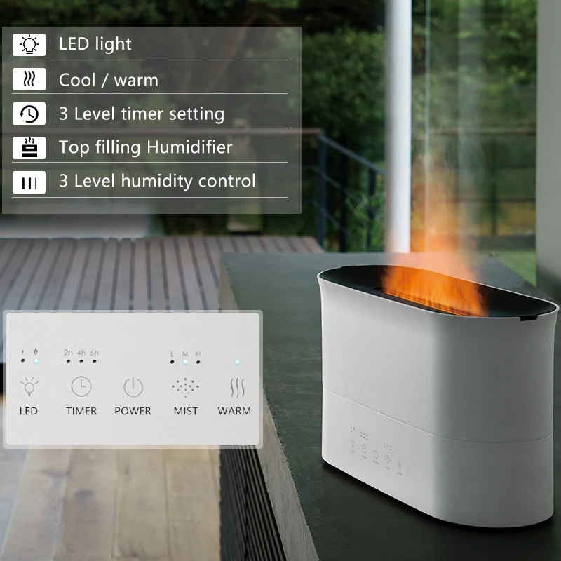 2 in 1 warm and cool mist home use room ultrasonic aromatherapy diffuser 2L top fill smart flame fire electric air humidifier