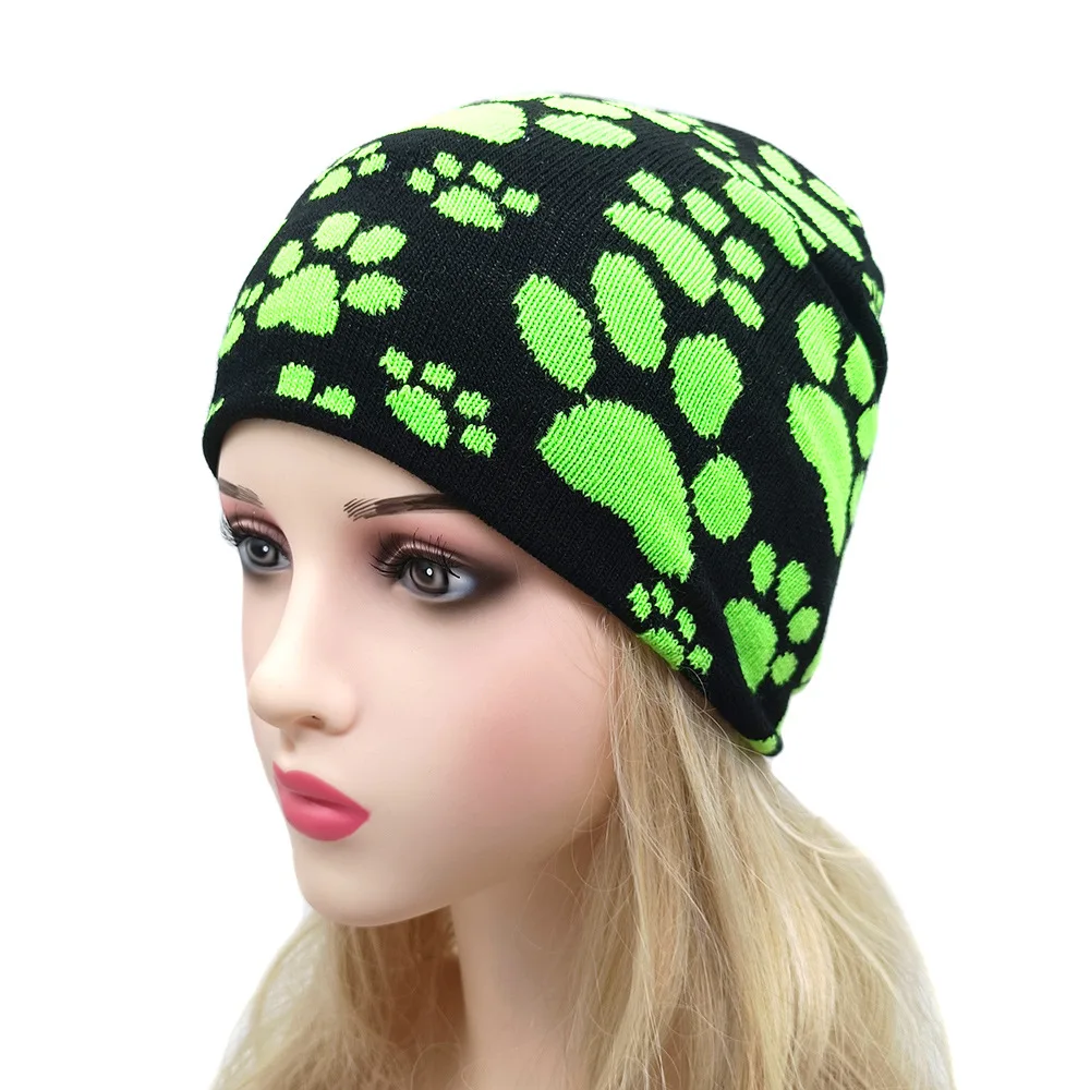 Winter Warm Printed Beanies Dog Paws Beanie for Women Men Outdoor Skullies Paws Knitted Beanie Hat