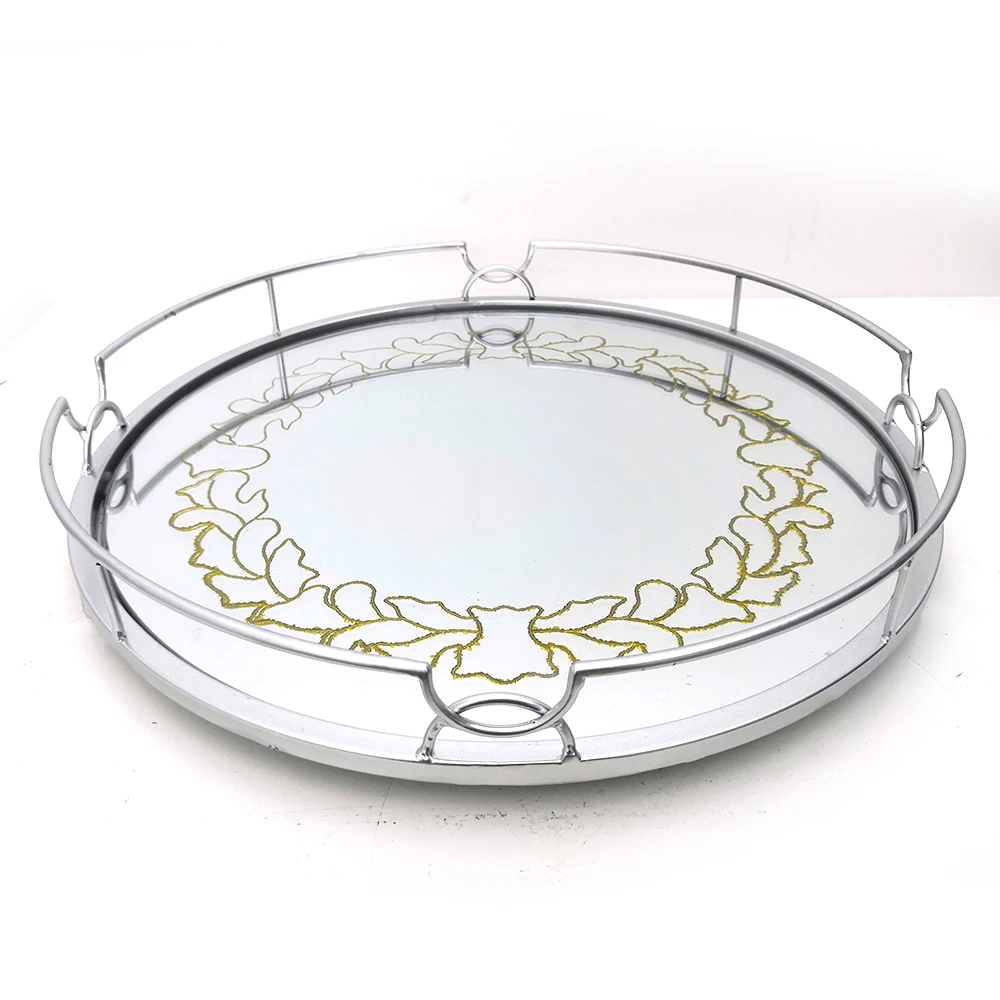 100% handmade round modern silver metal glass mirror serving tray for home decor and hotel