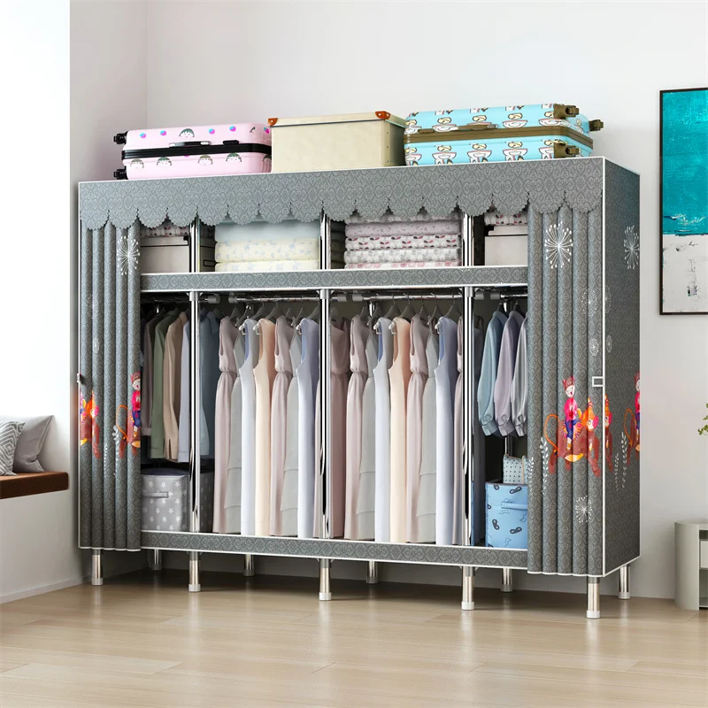 4-Column Collapsible Portable Canvas Wardrobe with Steel Frame Foldable Clothes Hanging Closet Mobile Cupboard