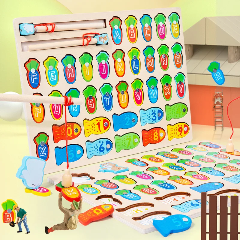 2024 kids funny fish game wooden magnetic fishing toy alphabets and number learning puzzle board preschool educational toy