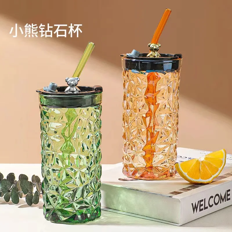 Bear series glasses with straw cups cute office cups milk cups to drink 400ml bottles