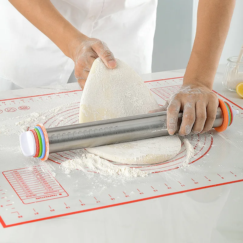 Rolling Pin and Pastry Baking Mat Set Adjustable Thickness Rings, Stainless Steel Dough Roller for Baking Fondant