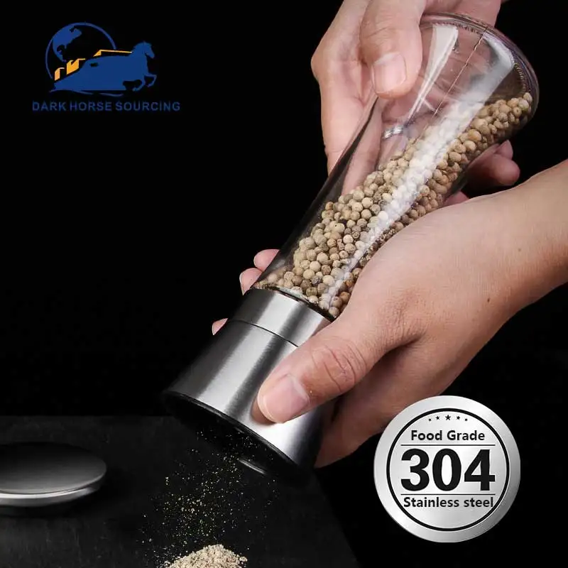 Best selling adjustable particle size 304 stainless steel manual spice grinder pepper mill glass bottle set