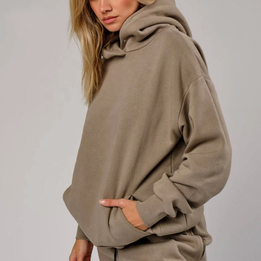 Custom Logo Solid Heavy Weight Cotton Fleece Loose Pockets Pullover Hooded Oversize High Quality Sweatshirt Hoodies For Women