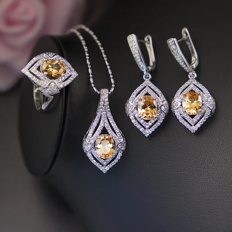 2023 New Style silver jewelry color treasure three-piece set S925 silver ring earrings fashion necklace