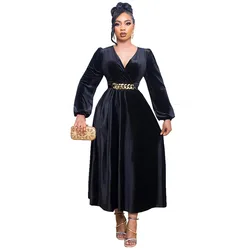 2023 Velvet Elegant Formal Party Dresses For Women Fashion Female V Neck Long Sleeve Vintage Solid Mid Dress Come With Belt