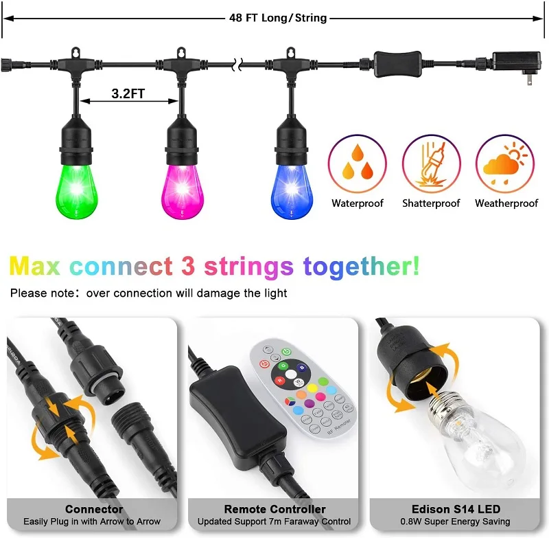  Гирлянда светодиодная S14 RGB водонепроницаемая IP65 48 футов 15