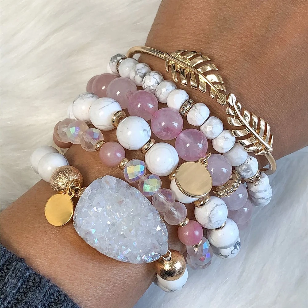 Boho Natural Stone Druzy Agate With Rose Quartz Crystal Howlite Stacked Beaded Bracelet Set,Healing Gemstones Gift for Her