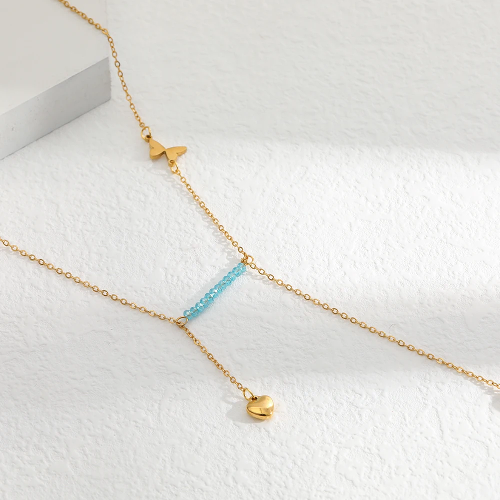 Fashion Pendant Blue Crystals Pearl Heart Necklace for Women Charm Butterfly Choker Necklaces Stainless Steel Jewelry Party Gift