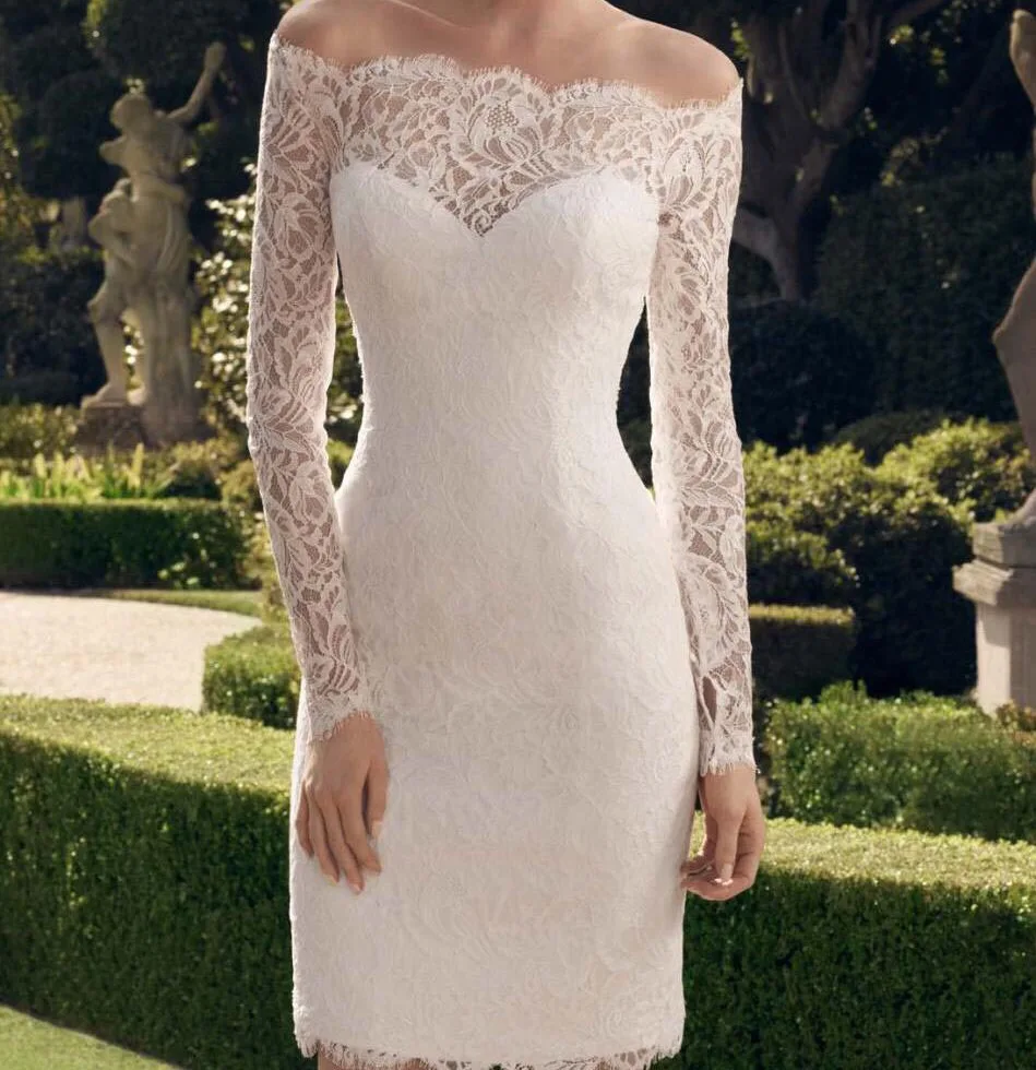 Short open back Princess Bride one word shoulder long sleeve luxurious French fish tail slim wedding dress