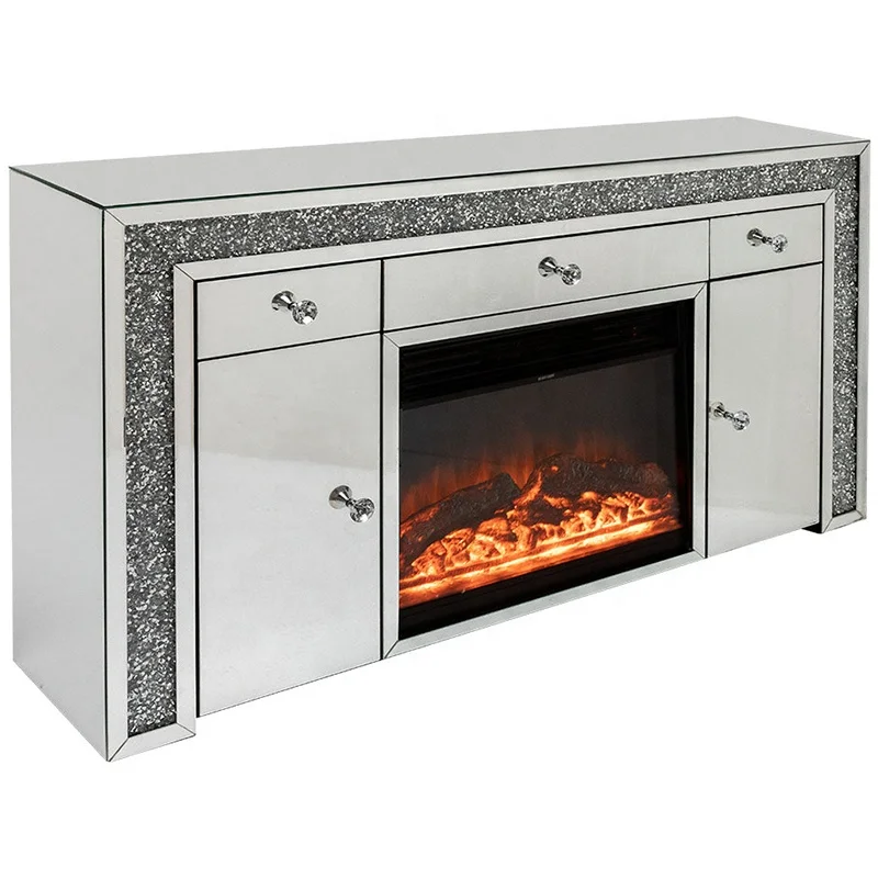 Living room crushed diamond crystal mirrored glass 3 drawers 2 doors fireplace for sale