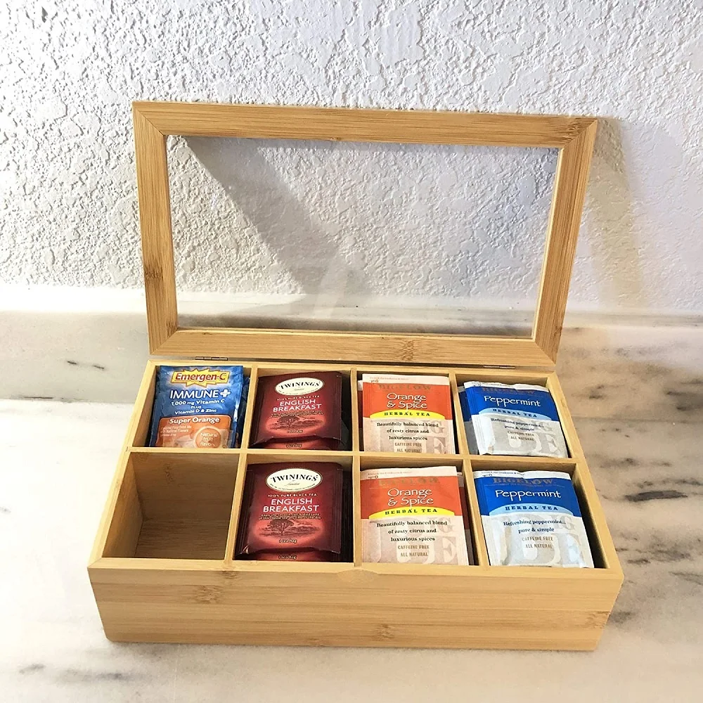Premium Bamboo Office Organizer Box with 8 Equally Dividers for Tea Bag Storage Organization Multifunction Jewelry Box