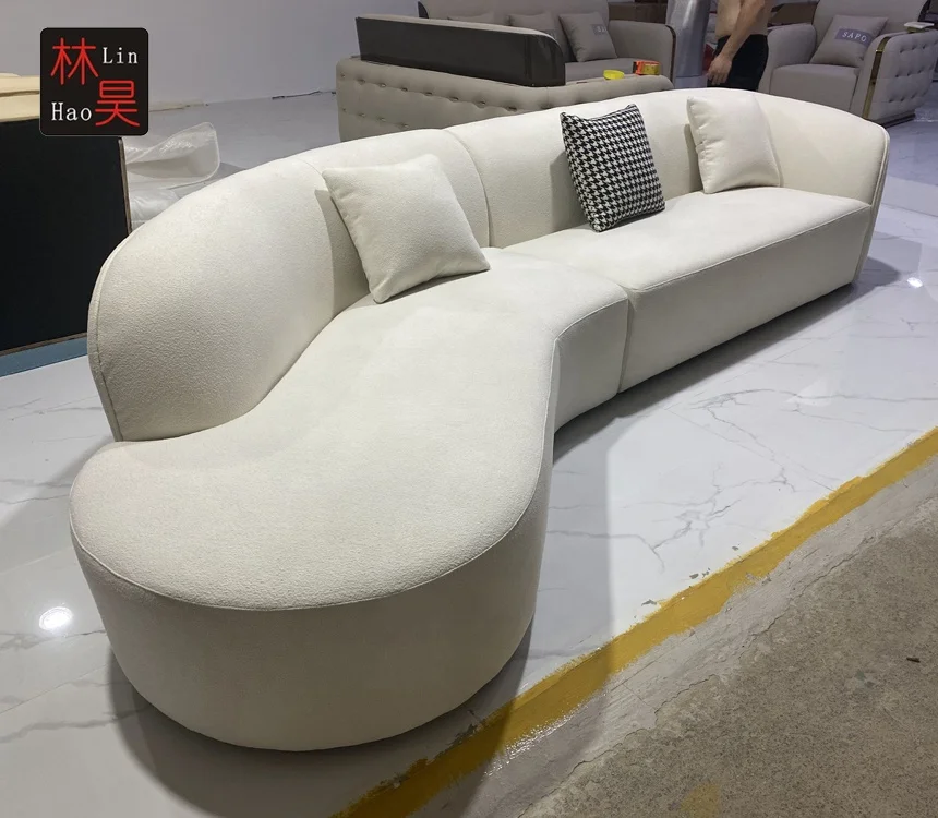 Cream color modern design villa hotel home furniture curved leather microfiber fabric sofa for living room