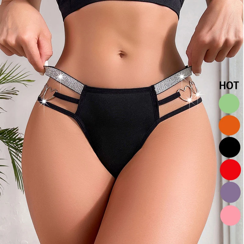 OEM Factory Customized Wholesale Cheap Woman Shiny Sexy Briefs Ladies Love Steel Ring Women Breathable High-cut 5 Color Panties