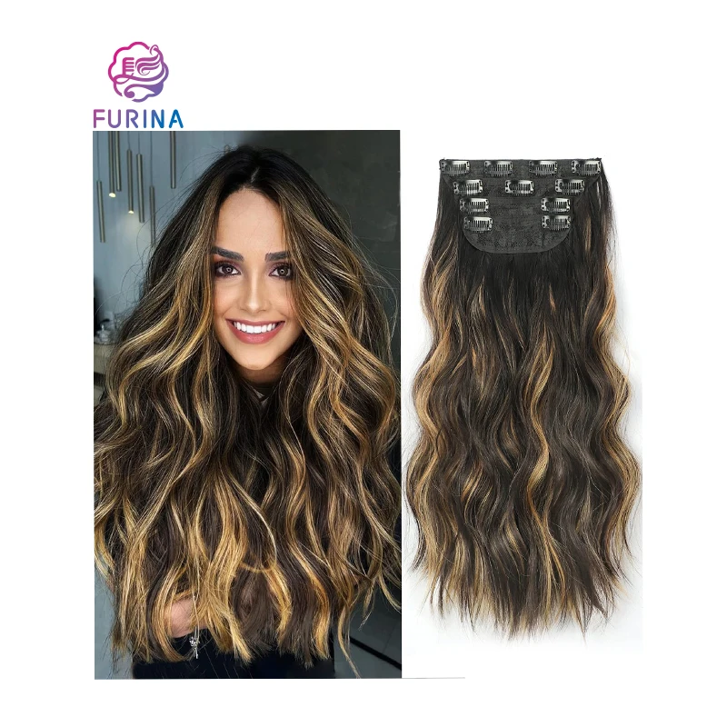 Furina wavy high quality natural curly long Europe and America 4 pcs 11 clips synthetic clips in hair extensions for women