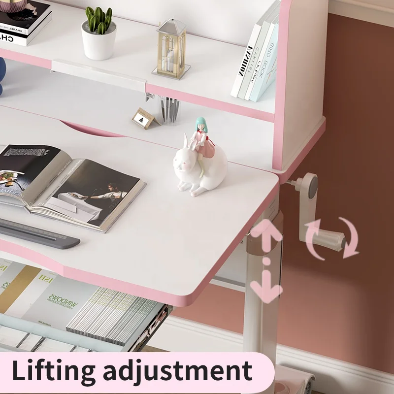 Kids Study Desk Drafting Table Ergonomic Multi Function Adjustable Child Table Computer Station with Book Shelf