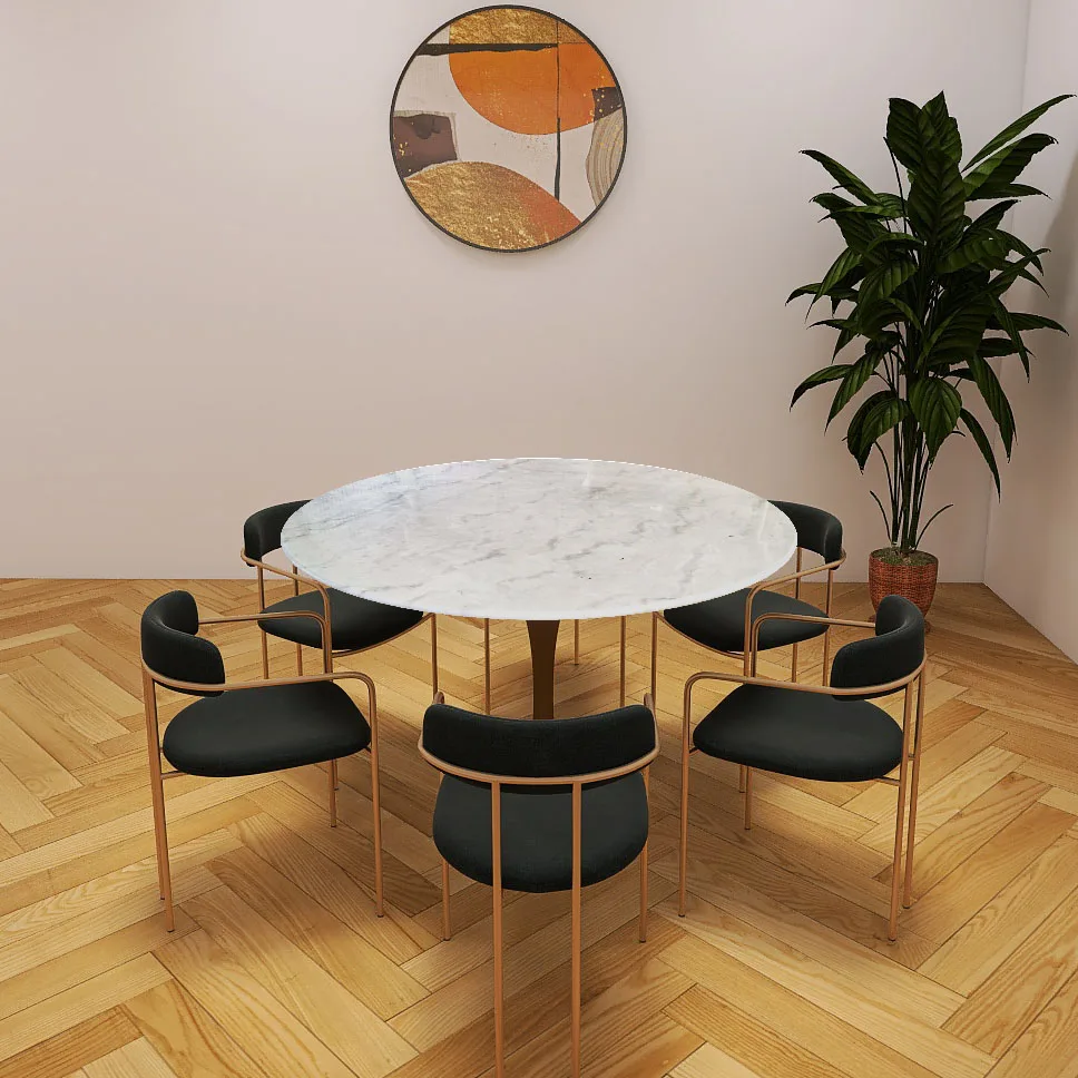 Photograph on workshop 130cm round large marble dining table tulip stainless steel base
