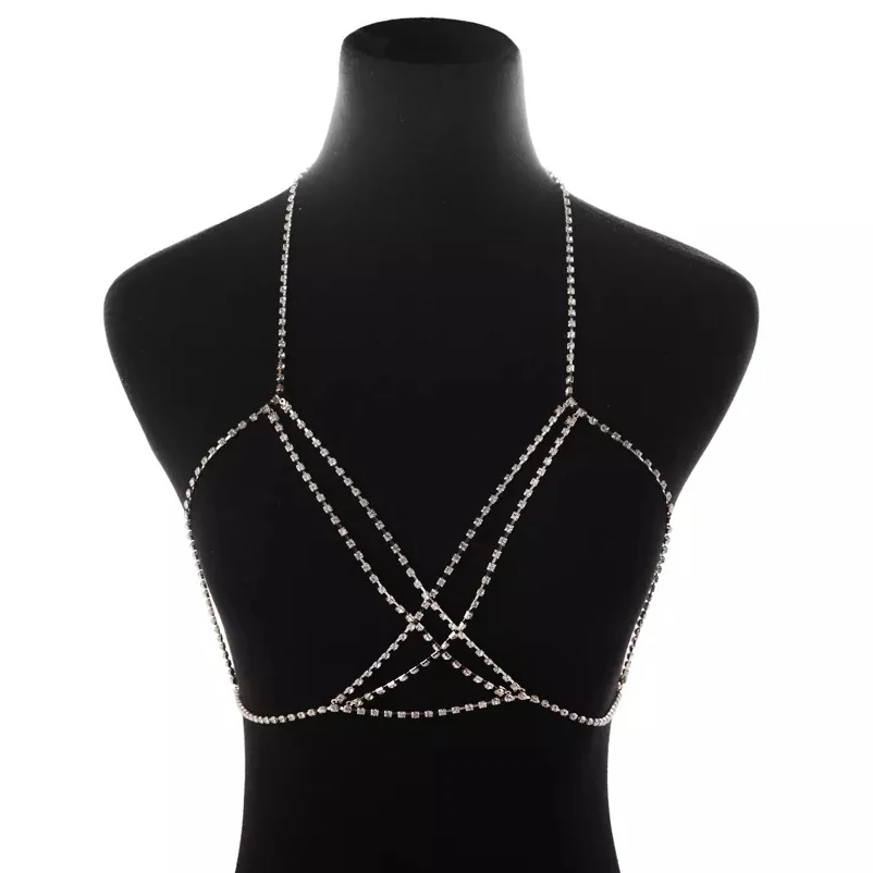 Women Sexy Crystal Rhinestone Cross Chest Boob chain Bra Outfit Double Layered Harness Bikinis Decor Breast Body Chain Jewelry